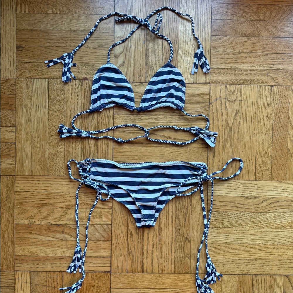 Indah Navy and White Striped Triangle Bikini Set
